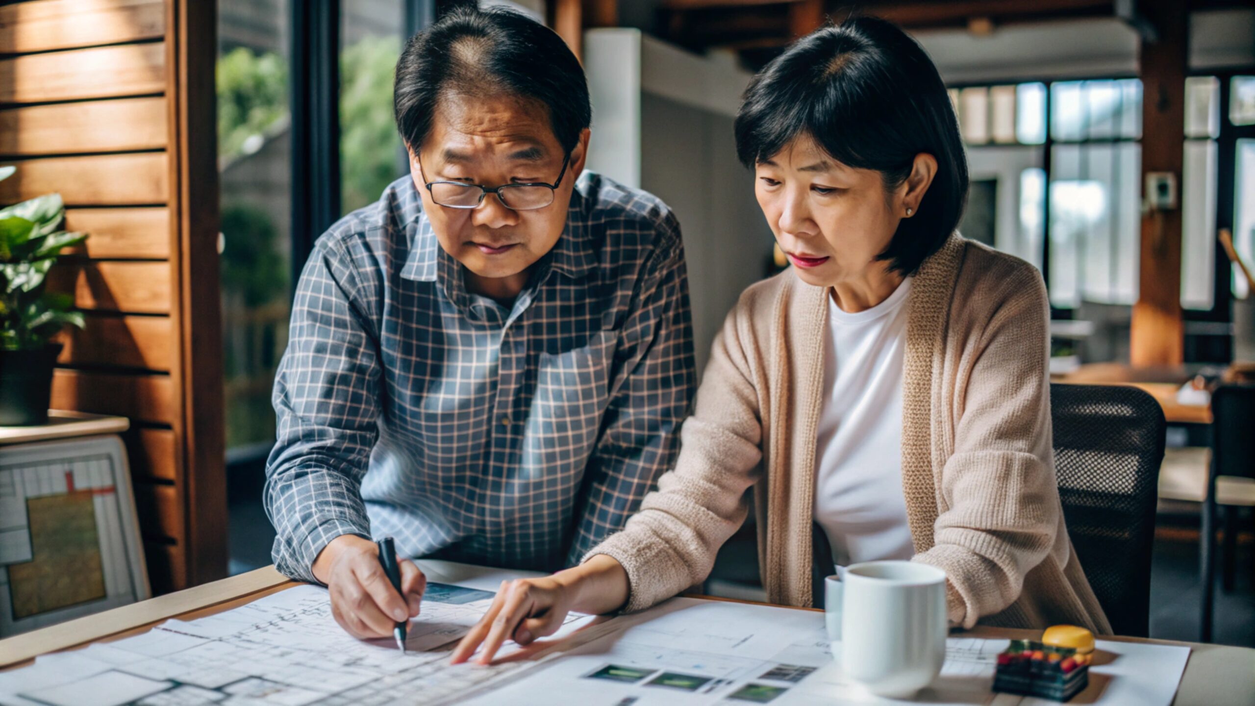 Couple reviewing floor plans for their new build