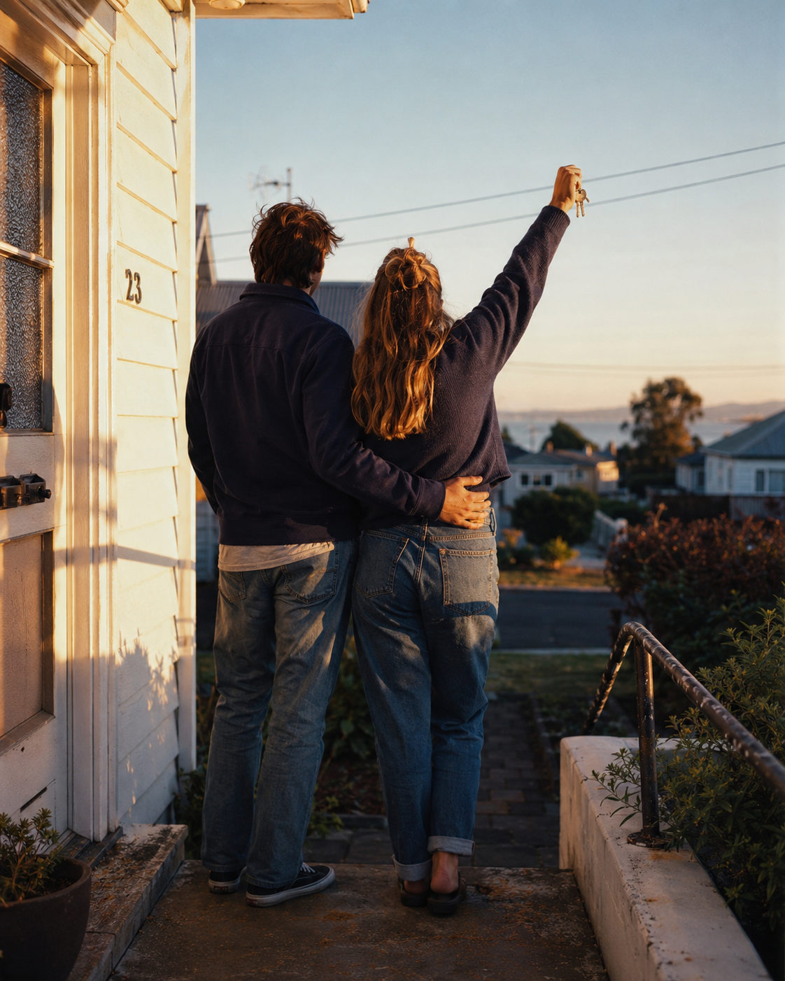 Sarah and Tom, first home buyers, on the porch of their new home