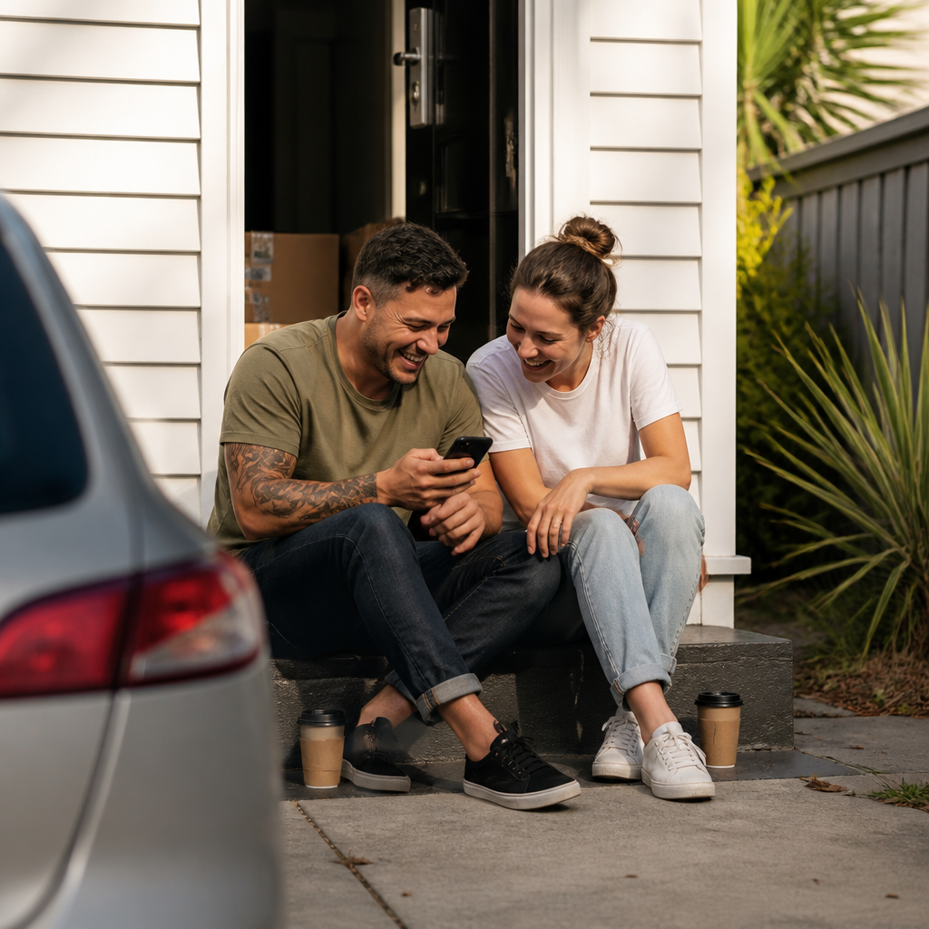 First home buyers on their front step with their car, car loan borrowing power example