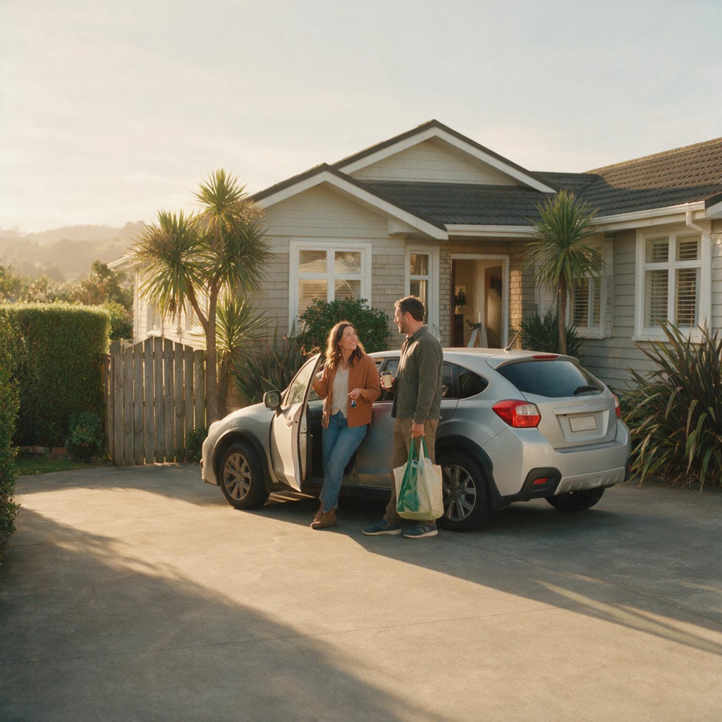 Couple with their car outside their home, car loan and mortgage NZ - Simpler Mortgages
